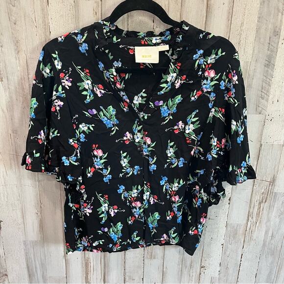 Anthropologie Maeve Floral Flutter Sleeve Black Button Down Shirt - Picture 3 of 7